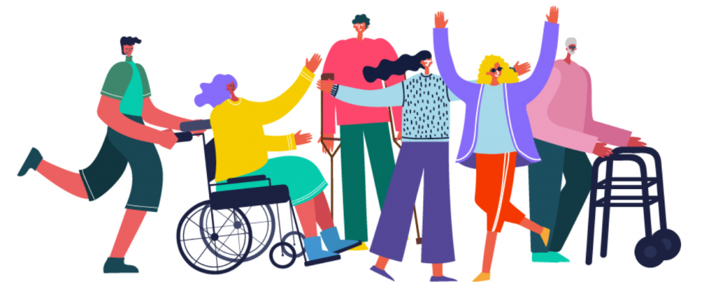 Visuel des Rencontres pour l'autonomie présentant des personnes valides et en situation de handicap visible dessinées dans des couleurs vives et dynamiques