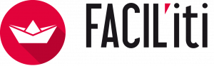 Logo FACIL'iti avec un bateau en papier blanc dans un rond rouge