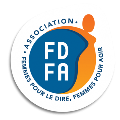 Logo de l'association Femmes pour le Dire, Femmes pour Agir présentant une silhouette féminine stylisée dans des tons orangés et un cercle bleu dans lequel s'inscrivent en blanc les lettres FDFA